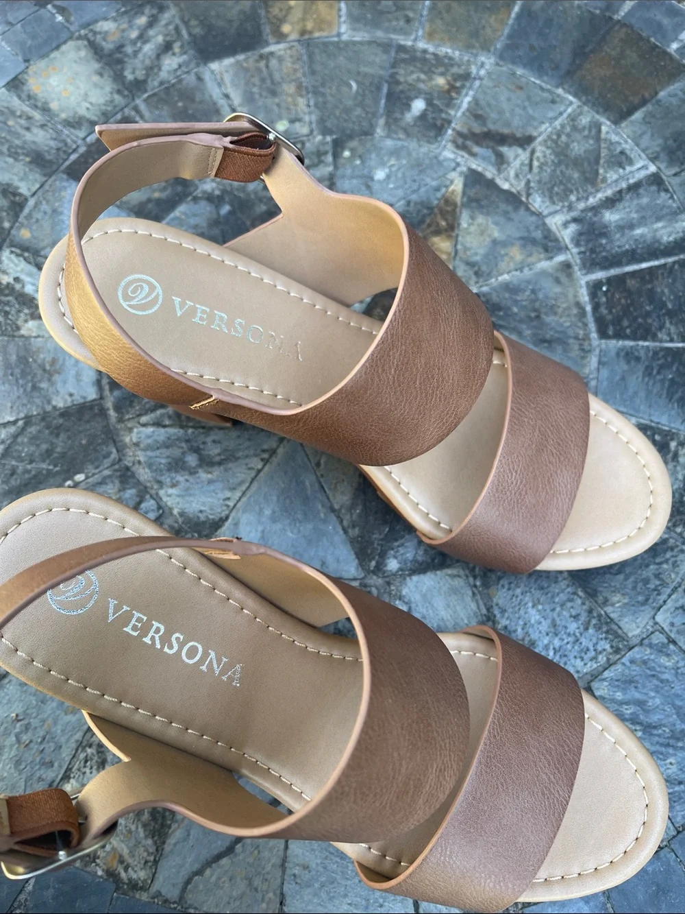 Versona Tan Brown Platform Studded Strap Sandals